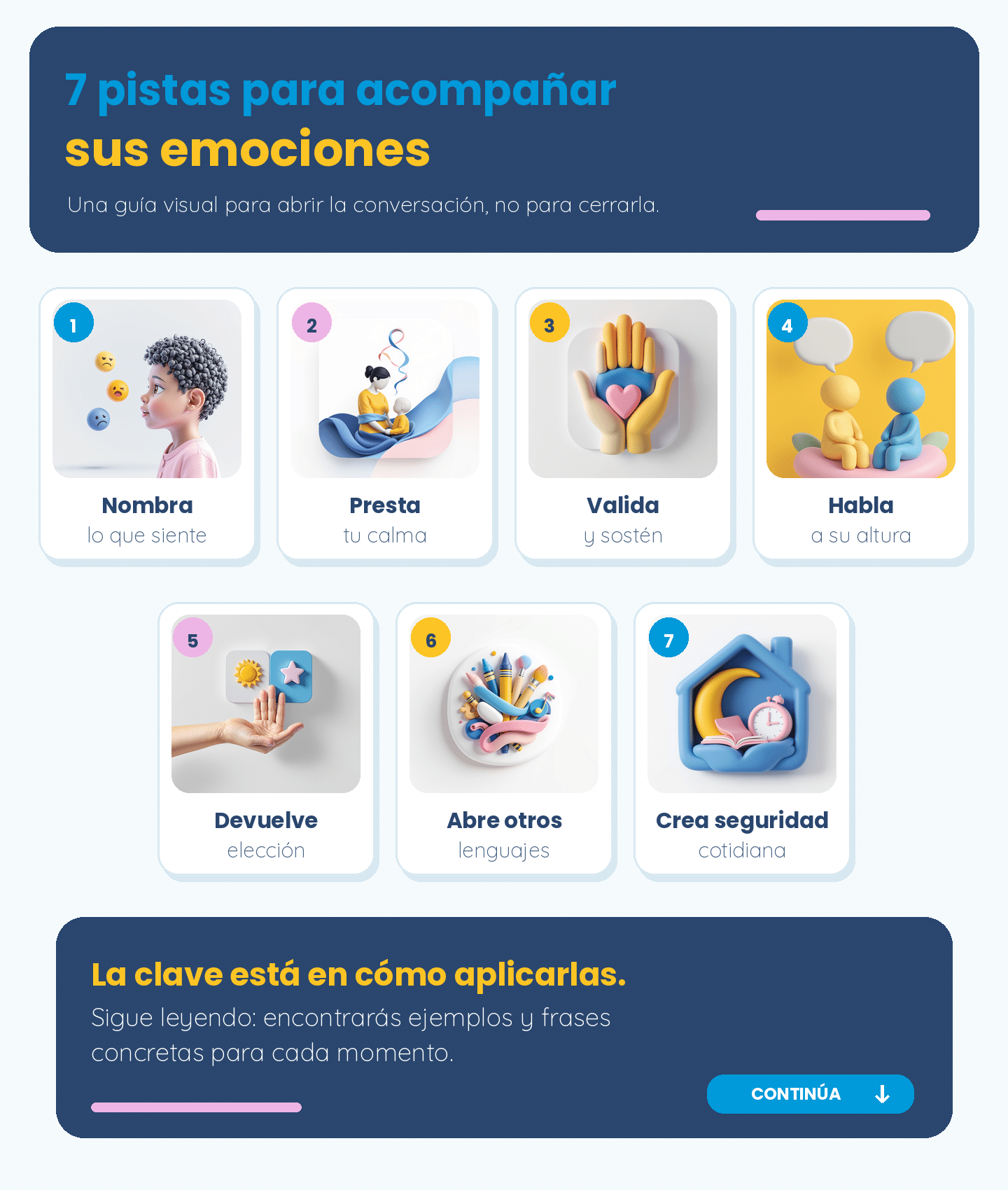 Infografía breve: siete pistas para acompañar las emociones de los niños y continuar leyendo el artículo